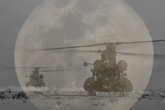 Image: John Leduc, Night Flight, 2025. 2 helicopters superimposed with the full moon.