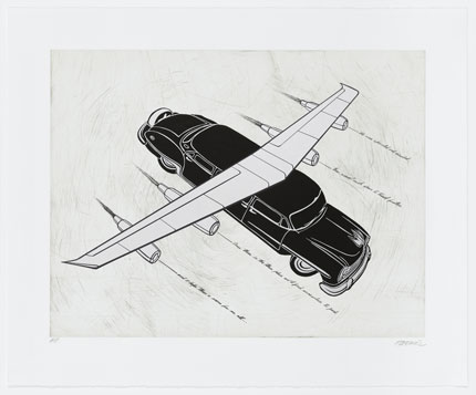 Esterio Segura - Todos quisieron volar: Hibrido de limo Chrysler New Yorker, 2006, Etching, screenprint, woodcut 30-1/2 x 37-1/8 inches. Published by Graphicstudio, University of South Florida, Tampa, FL.
